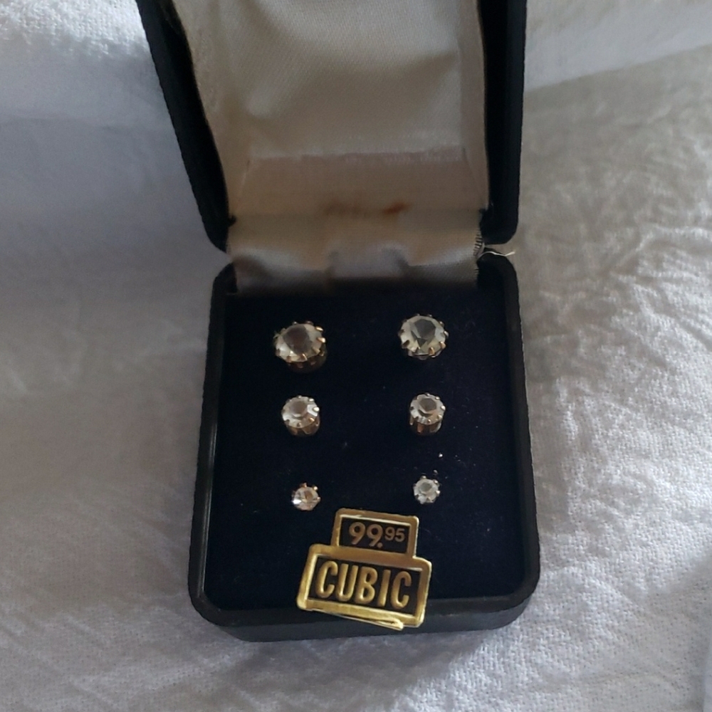 Silver tone Vintage Cubic Zirconia Earring Set post back graduated sizes